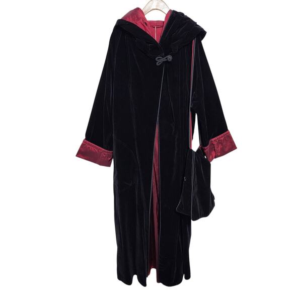 Vtg Plus Size Set 1X Reversible Velvet Coat Hooded Black Red Matching Purse - Picture 8 of 14